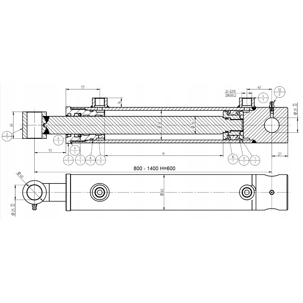 Siłownik hydrauliczny dwustronnego działania z tłokiem Ø 50 mm, skok 600 mm